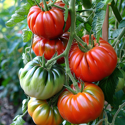 Plants de tomates Marmandes en pleine croissance dans un potager bio, idéals pour la cuisine méditerranéenne.